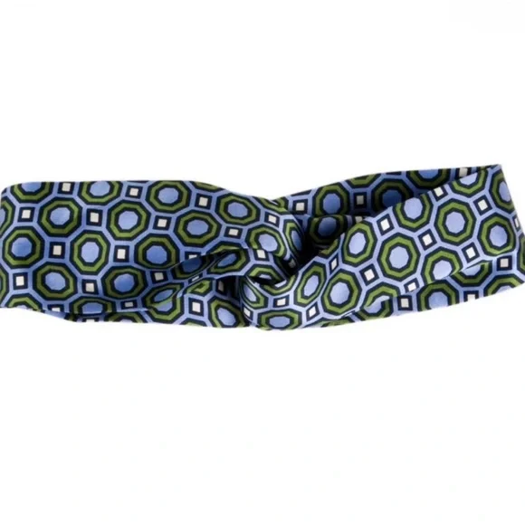 Tory Burch Silk Headband in Blue and Green Geometric Octagon Print. NWT. - Picture 2 of 8